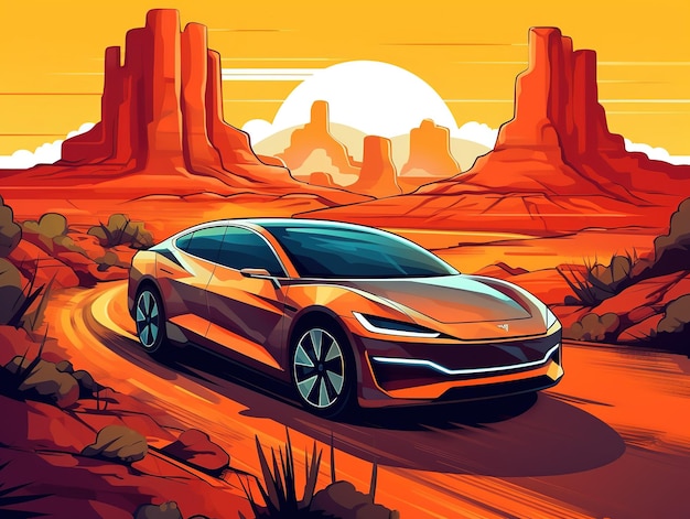 Auto elettrica nel deserto dell'Arizona vettore tecnologico ecologico