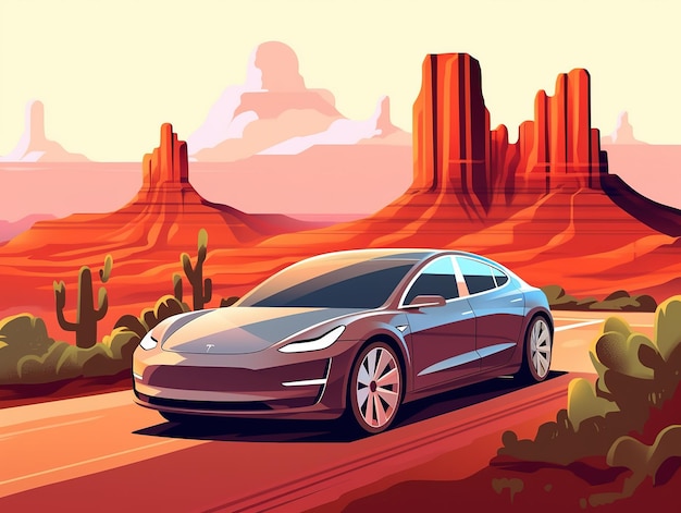 Auto elettrica nel deserto dell'Arizona vettore tecnologico ecologico