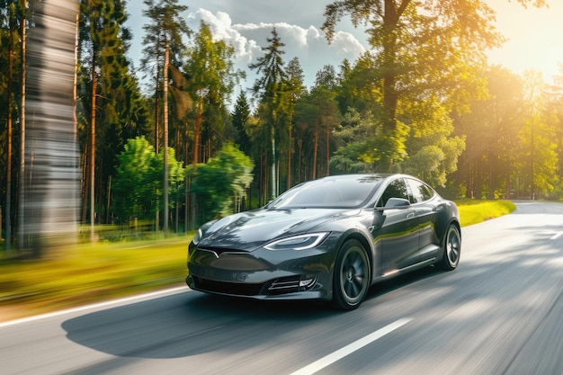 Auto elettrica su una strada di campagna panoramica in un pomeriggio soleggiato