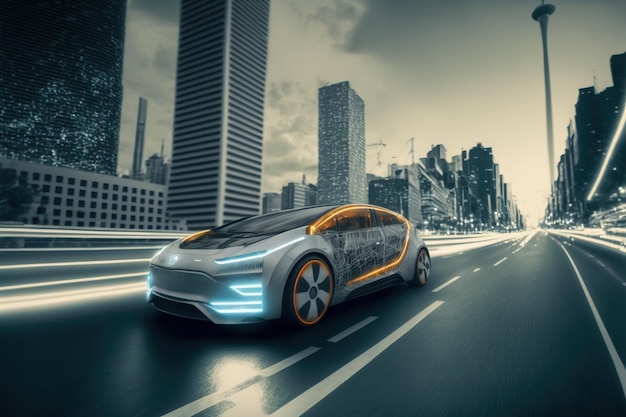 Auto elettrica veloce con futuristico software di sensori autonomi che guida su strada