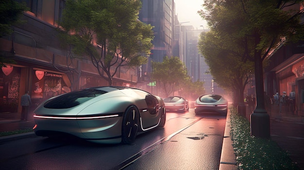 Auto elettriche futuristiche che illuminano la strada ecologica della città