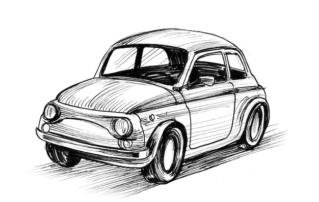 Auto europea retrò. Disegno a inchiostro in bianco e nero