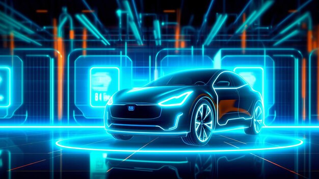 Auto EV nel concetto di veicolo futuristico Stazione di ricarica per auto elettriche e icona del livello della batteria