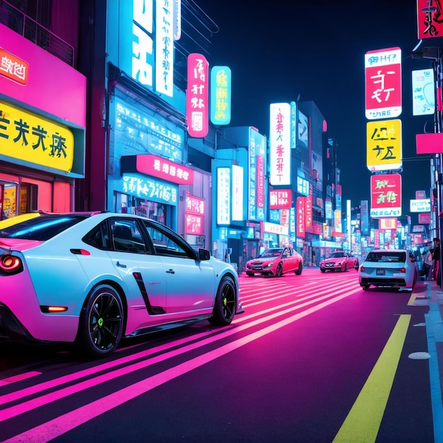 Auto fantascientifica futuristica nella notte della città con arte generativa a luce al neon di AI