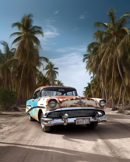 auto fuoristrada colorata sulla spiaggia con palme e vibrazioni felici del sole