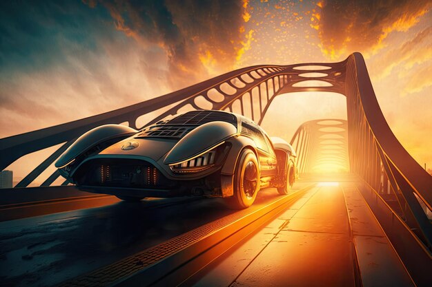 Auto futuristica che attraversa il ponte sospeso con il sole che tramonta sullo sfondo