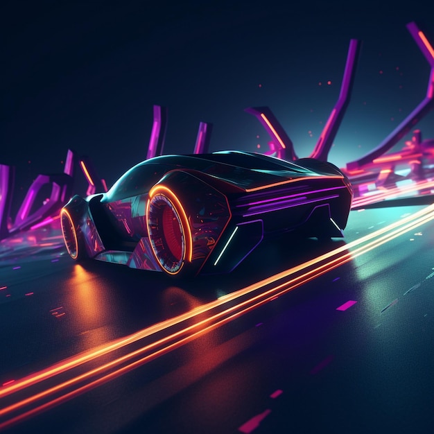 Auto futuristica che corre lungo un'autostrada illuminata al neon