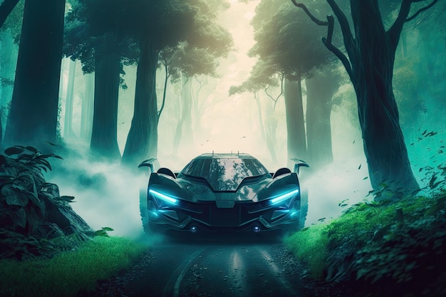 Auto futuristica che guida attraverso una lussureggiante foresta con alberi maestosi e nebbia nell'aria