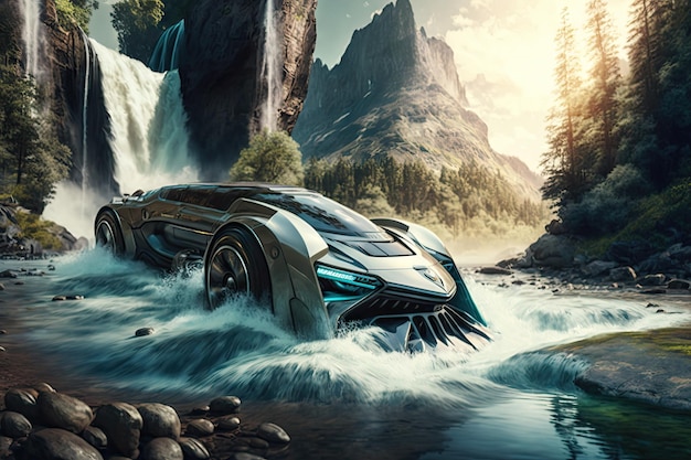 Auto futuristica che sfreccia oltre un fiume impetuoso con le cascate sullo sfondo