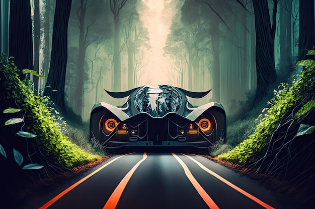 Auto futuristica che viaggia attraverso una fitta foresta su strada tortuosa