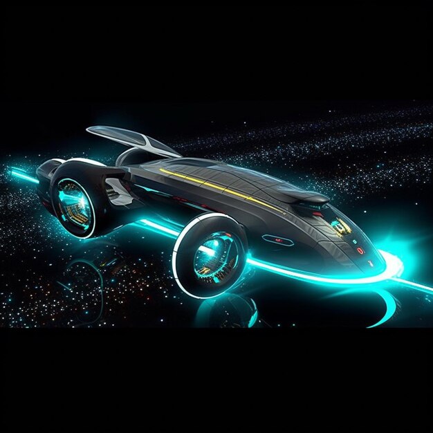 Auto futuristica con luci incandescenti in uno spazio buio con stelle generative ai