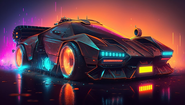 Auto futuristica cyberpunk sportiva su sfondo cyberpunk neon