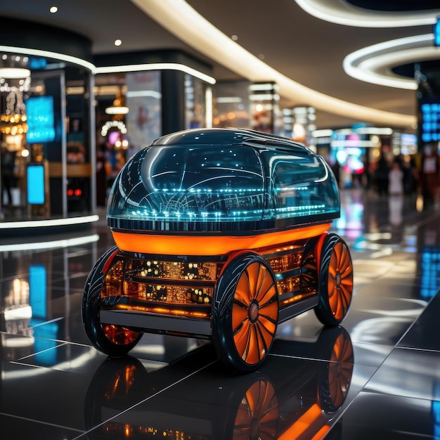 Auto futuristica vicino a un centro commerciale con mostre interattive