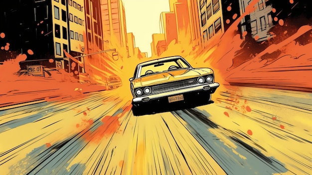 Auto gialla con fiamme rosse uno stile artistico dettagliato dei fumetti