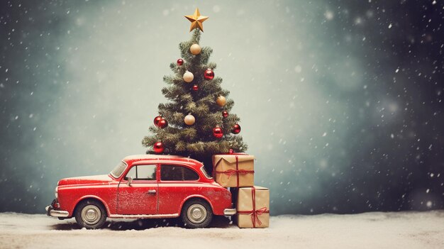 Auto giocattolo retro e albero di Natale nella foresta invernale innevata sullo sfondo natalizio