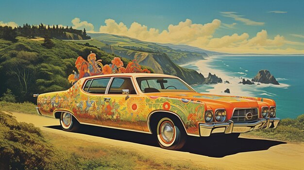 Auto hippie d'epoca sulla strada per il mare