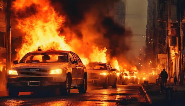 Auto in fiamme caos per le strade della città Veicoli in fiamme Scena notturna