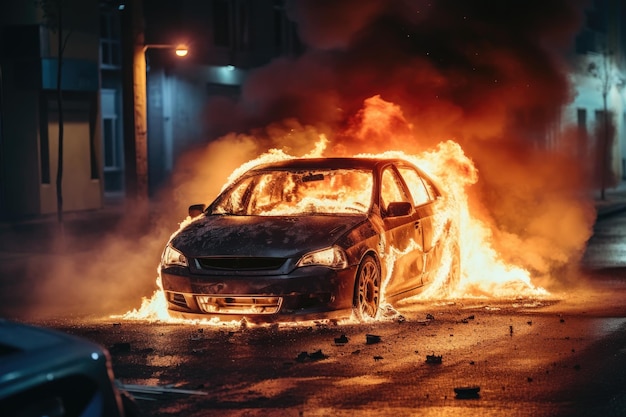 Auto in fiamme dopo aver spento l'incendio in una strada cittadina