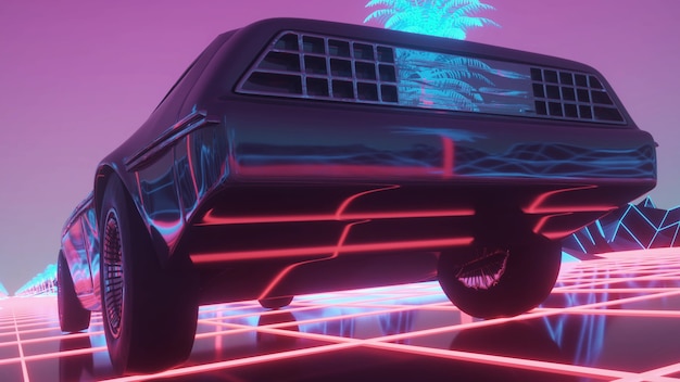 Auto in stile cyberpunk al neon. Sfondo retroonda anni '80. Retro automobile futuristica in auto attraverso la città al neon. rendering 3D.