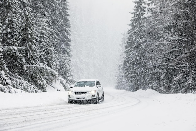 Auto moderna su strada innevata vicino alla foresta Vacanze invernali