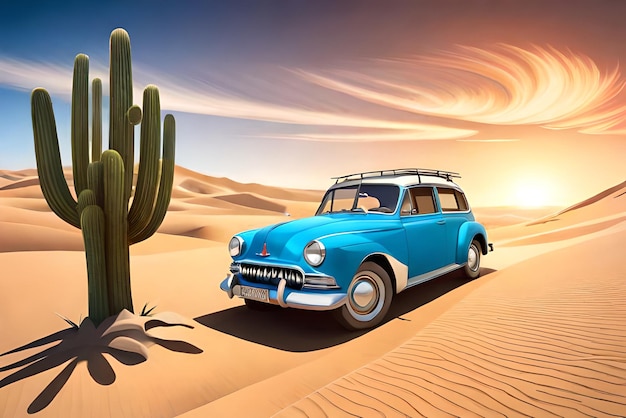 Auto nel deserto con cactus grande e bella scena