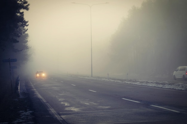 Auto nella nebbia Maltempo invernale e traffico automobilistico pericoloso sulla strada Veicoli leggeri nella nebbia