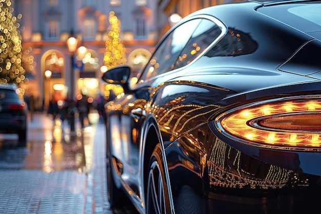 Auto nera di lusso sulla strada di sera, close-up del fanale posteriore