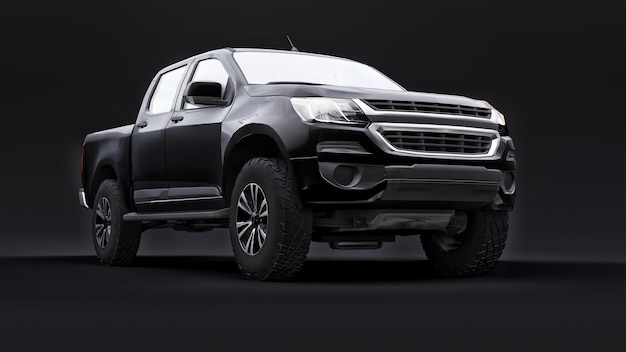 Auto pick-up nera su sfondo nero. rendering 3D.