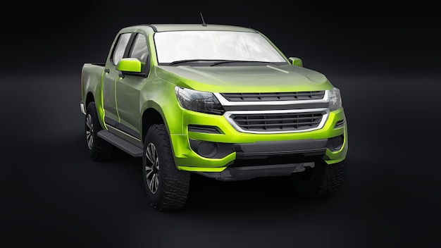 Auto pick-up verde su sfondo nero. rendering 3D.