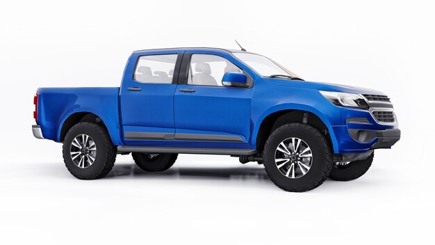 Auto pickup blu su sfondo bianco. rendering 3D.