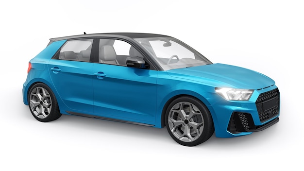 Auto premium urbana compatta in una berlina blu su uno sfondo bianco isolato illustrazione 3d