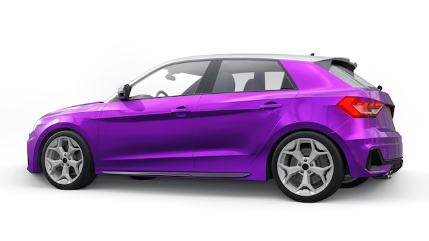 Auto premium urbana compatta in una berlina viola su uno sfondo bianco isolato illustrazione 3d