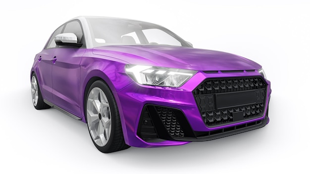 Auto premium urbana compatta in una berlina viola su uno sfondo bianco isolato illustrazione 3d