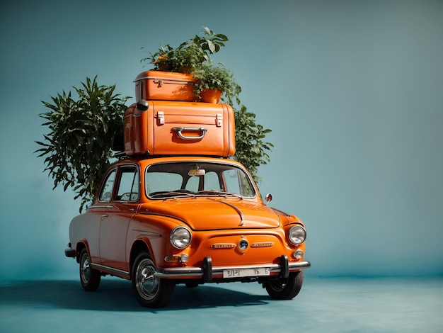 Auto retro arancione con bagagli e piante sul tetto