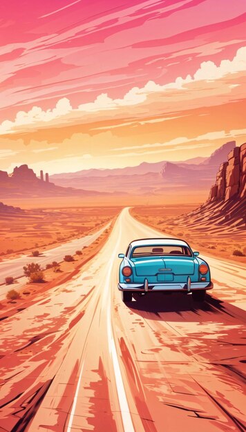 Auto retrò che supera la velocità su una strada polverosa nel deserto verso l'orizzonte Illustrazione