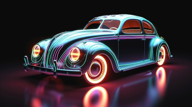 Auto retrò in stile neon luminoso su sfondo scuro