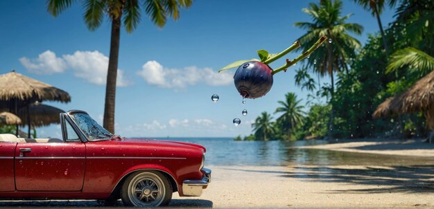 Auto retro sulla spiaggia con palme da cocco e cielo blu