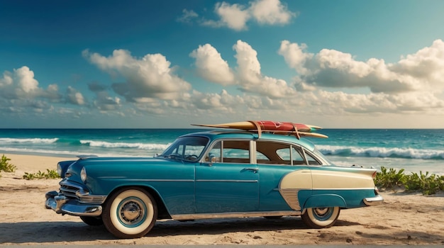 Auto retro sulla spiaggia con palme da cocco e cielo blu