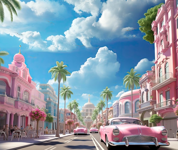 auto rosa in strada con palme ed edifici rosa.