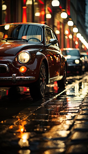 auto rossa retrò vintage parcheggiata sul lato della strada sotto la pioggia