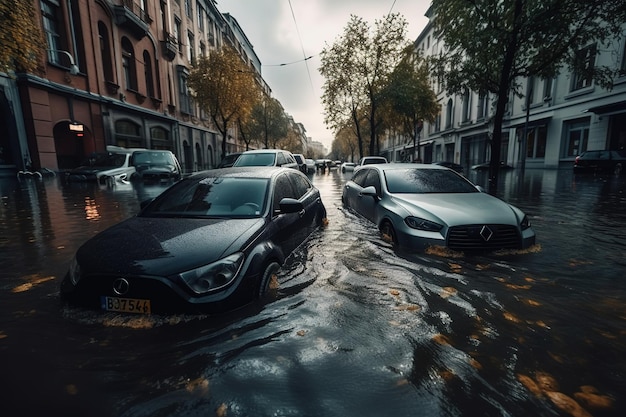 auto sommerse dall'acqua inondata in città