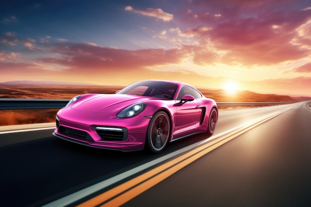 Auto sportiva Barbie di lusso rosa su strada lunga e dritta lunga esposizione Generative Ai