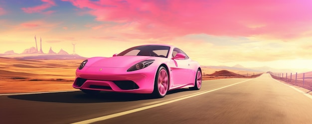 Auto sportiva Barbie di lusso rosa su strada lunga e dritta panorama a lunga esposizione Generative Ai