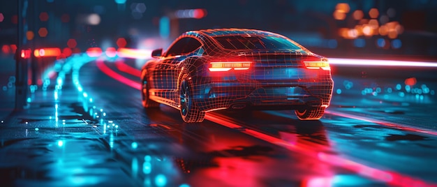 Auto sportiva con disegno a telaio a filo per le strade di Neon City