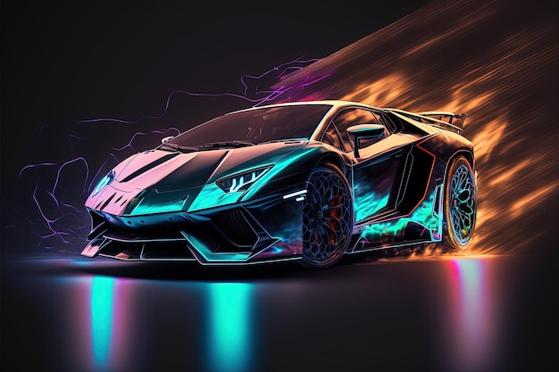 Auto sportiva di lusso ad alta velocità in stile neon su uno sfondo sfumato Drift street racing cerchi in titanio arte ad alta definizione intelligenza artificiale generativa