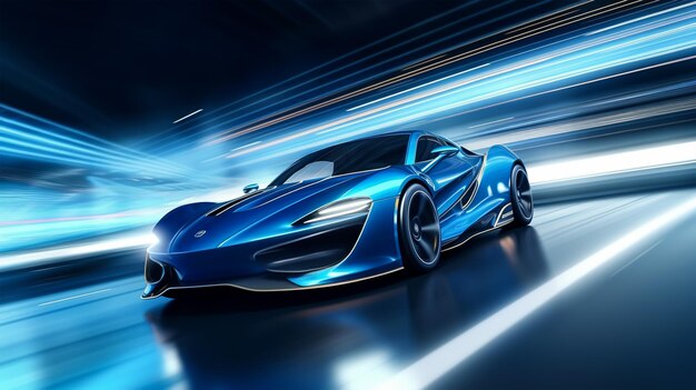 Auto sportiva di lusso blu a guida veloce che si muove ad alta velocità sulla pista da corsa con effetto motion blur