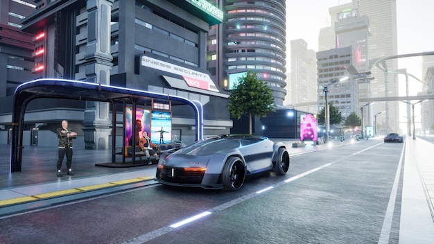 Auto sportiva elettrica autonoma in smart city metaverse o cyberpunk conpept rendering 3d