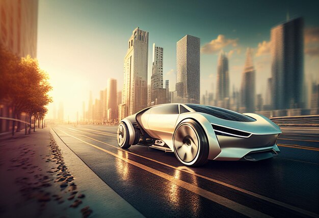 Auto sportiva elettrica che corre sulla strada mattutina nella città del futuro creata con la tecnologia Generative AI