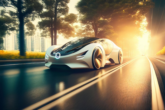 Auto sportiva elettrica che corre sulla strada mattutina nella città futura Creata con la tecnologia generativa AI