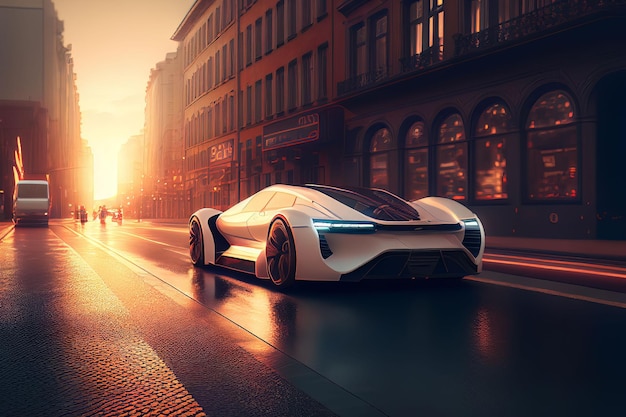 Auto sportiva elettrica che corre sulla strada mattutina nella città futura Creata con la tecnologia generativa AI